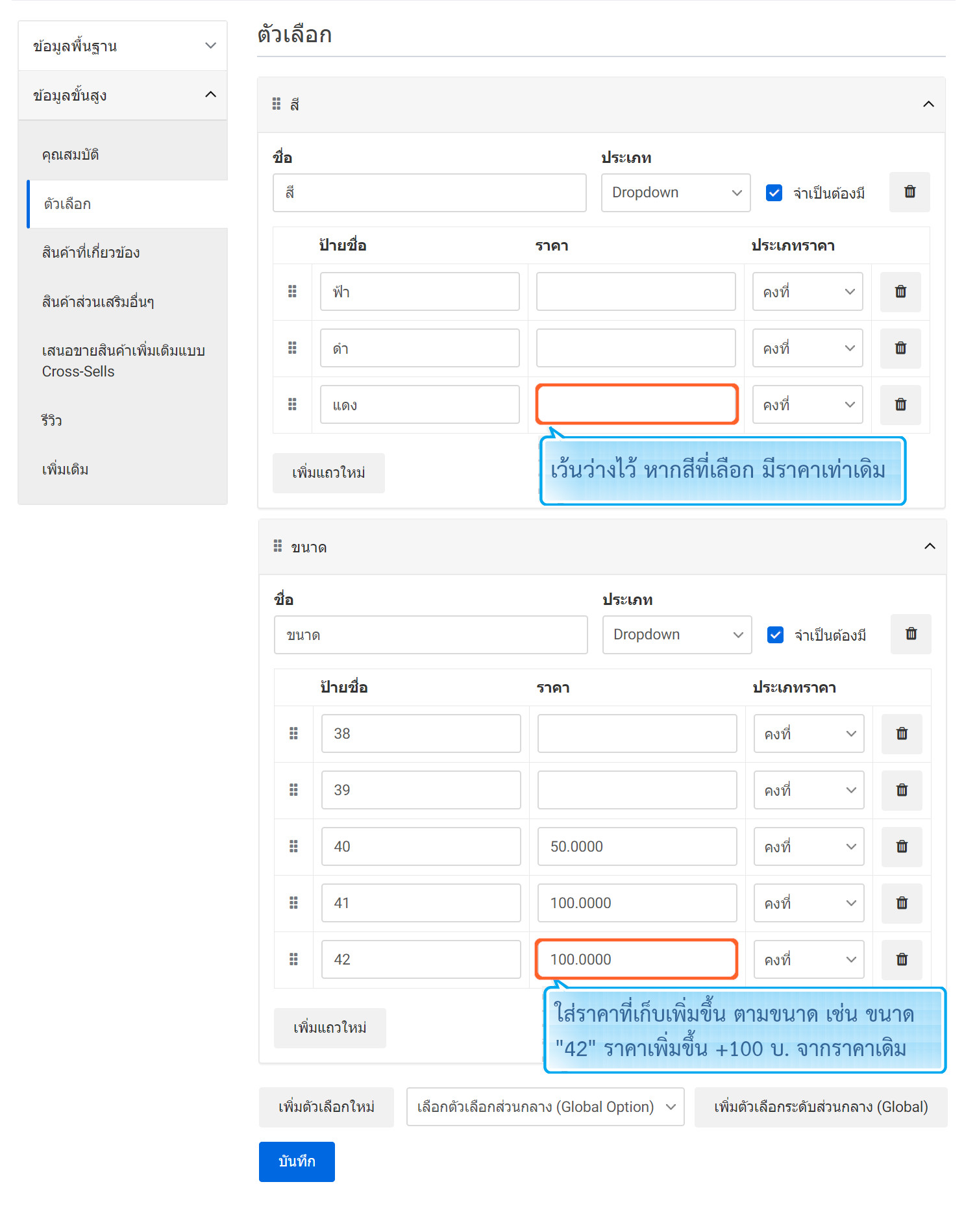 product create page options tab - แท็บ : ตัวเลือกสินค้า : Product option  - ระบบร้านออนไลน์ ขายของออนไลน์ เปิดร้านออนไลน์ ecommerce แนะนำโดย เว็บไซต์สำเร็จรูปไทย.com